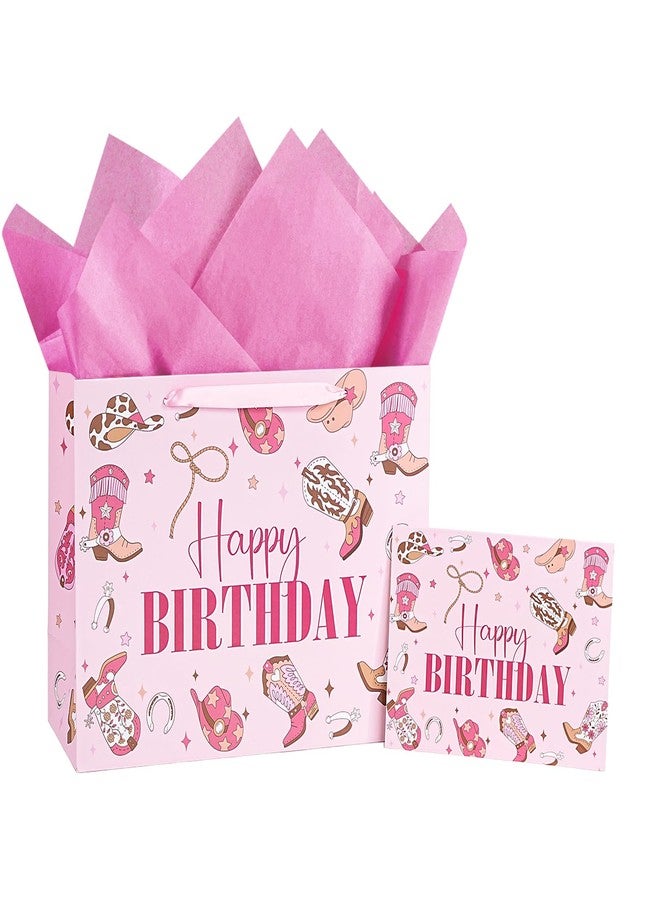 LeZakaa 13" Western Birthday Gift Bag for Kids Girls, Happy Birthday Cowgirl Hats Boots Lassos Horseshoes Stars Design, Tissue Paper, Greeting Card, 13" x 10" x 5", 1 Pcs - Image 1